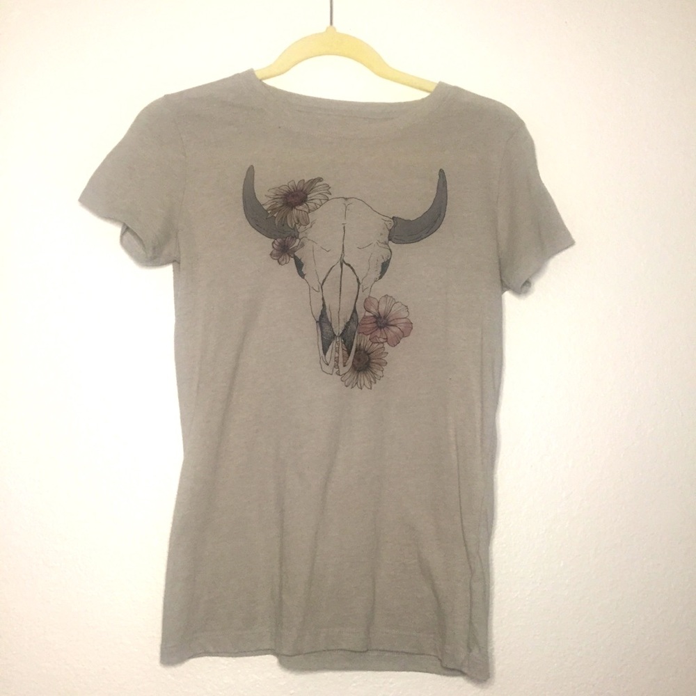 Aeropostale Grey Flower Cow Skull Graphic Tee, M